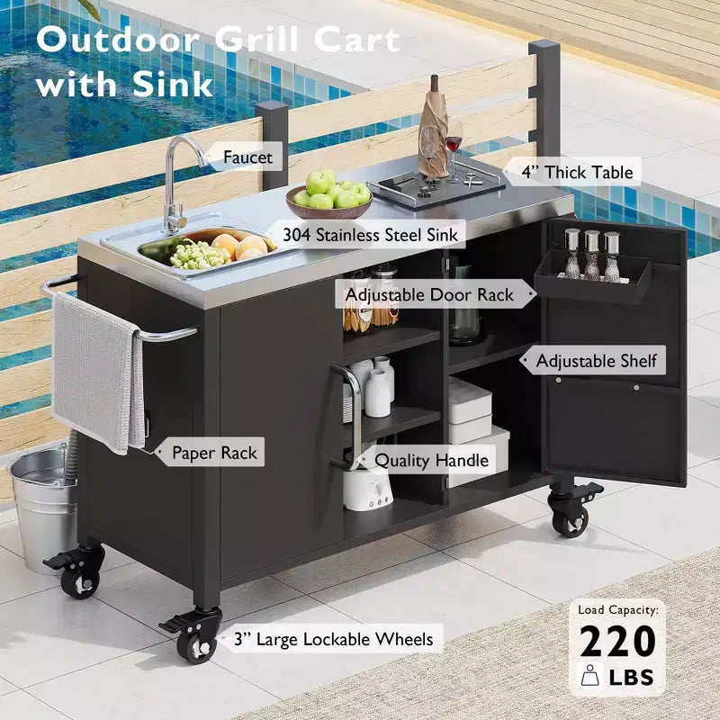 Isola cucina da esterno da 55.5 con lavello, tavolo da preparazione in acciaio inossidabile con portaspezie e ruote bloccabili, carrello per barbecue, nero - ModernLuxe
