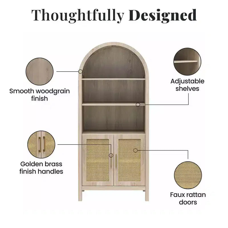 Vitrine bohème à portes cintrées avec 2 portes en faux rotin, 5 étagères réglables pour salon ou cuisine, beige