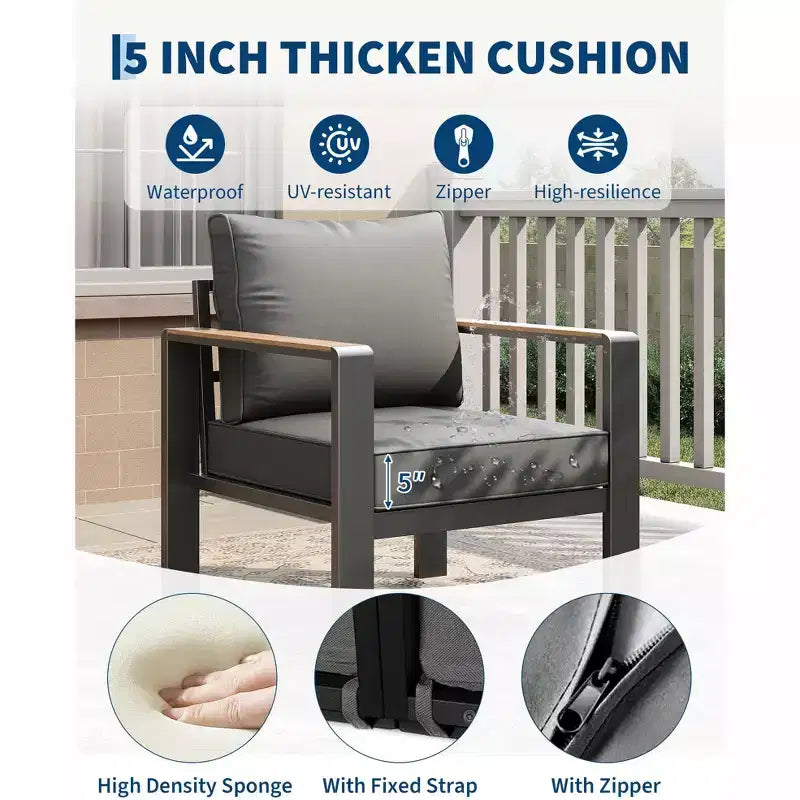 Ensemble de mobilier de patio en aluminium, canapé d’angle d’extérieur avec 5 coussins épais, 4 accoudoirs et table basse pour le jardin, la terrasse ou la cour