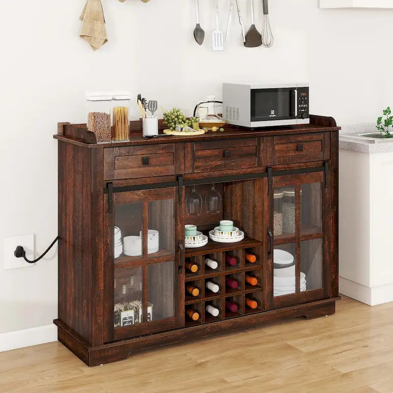Credenza buffet con ante scorrevoli stile fienile da 53, portabottiglie e mobile contenitore per cucina