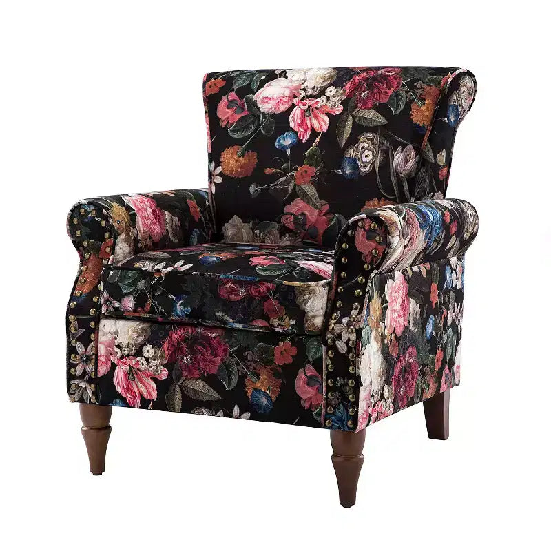 Araceli traditionele houten fauteuil met bloemenstof, hoge rugleuning met vleugels en siernagels| ART OF LIVING DESIGNS