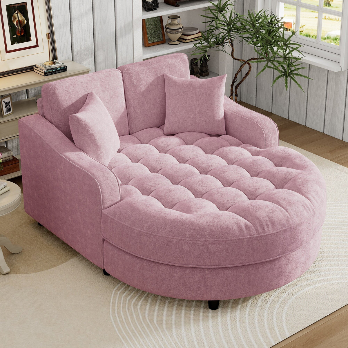Chaiselongue-Schlafsofa aus Chenille, gepolstertes Sofa mit gesteppter Rückenlehne und 2 abnehmbaren Kissen für das Wohnzimmer