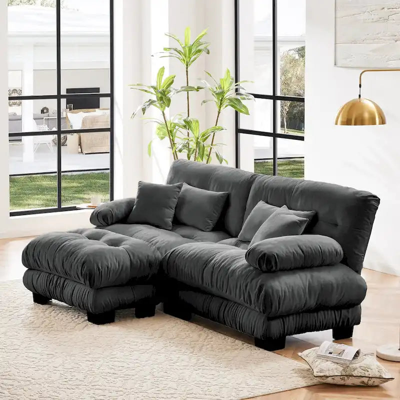 Ecksofa in L-Form, Chenille-Zweisitzer mit Lendenkissen