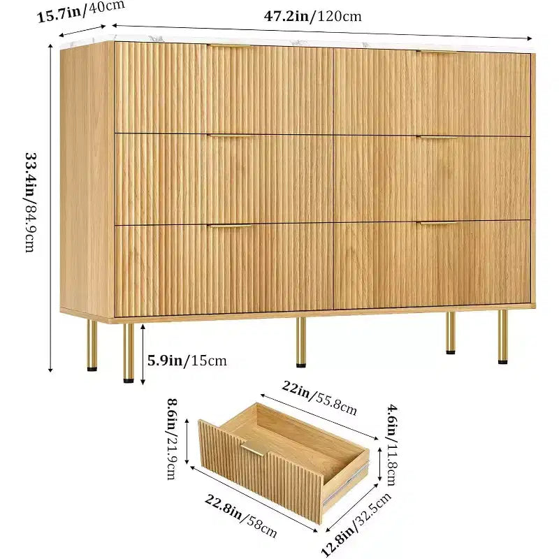 COZONY ladekast met 6 laden en geribbeld ontwerp, moderne houten opbergkast, brede ladekast voor slaapkamer, woonkamer en hal