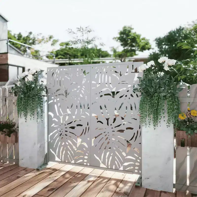 72H Raumteiler, rechteckiger freistehender Sichtschutz mit verzinktem Metallrahmen, Gartenzaun für Terrasse, weiß