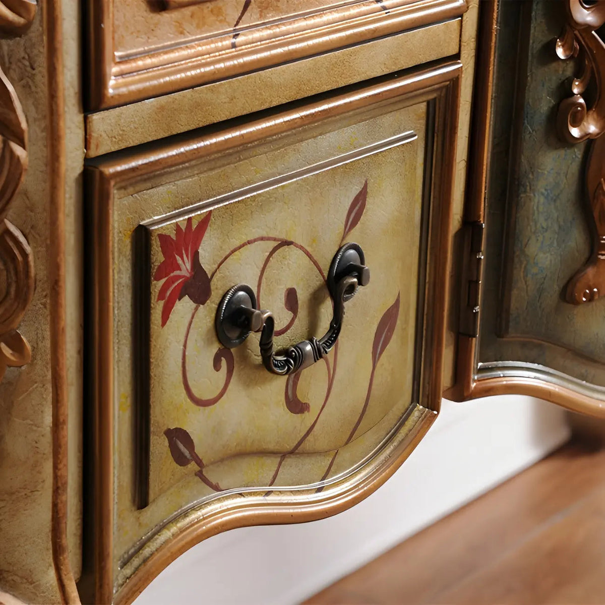 Franse houten koffiekleurige opbergconsoletafel met laden