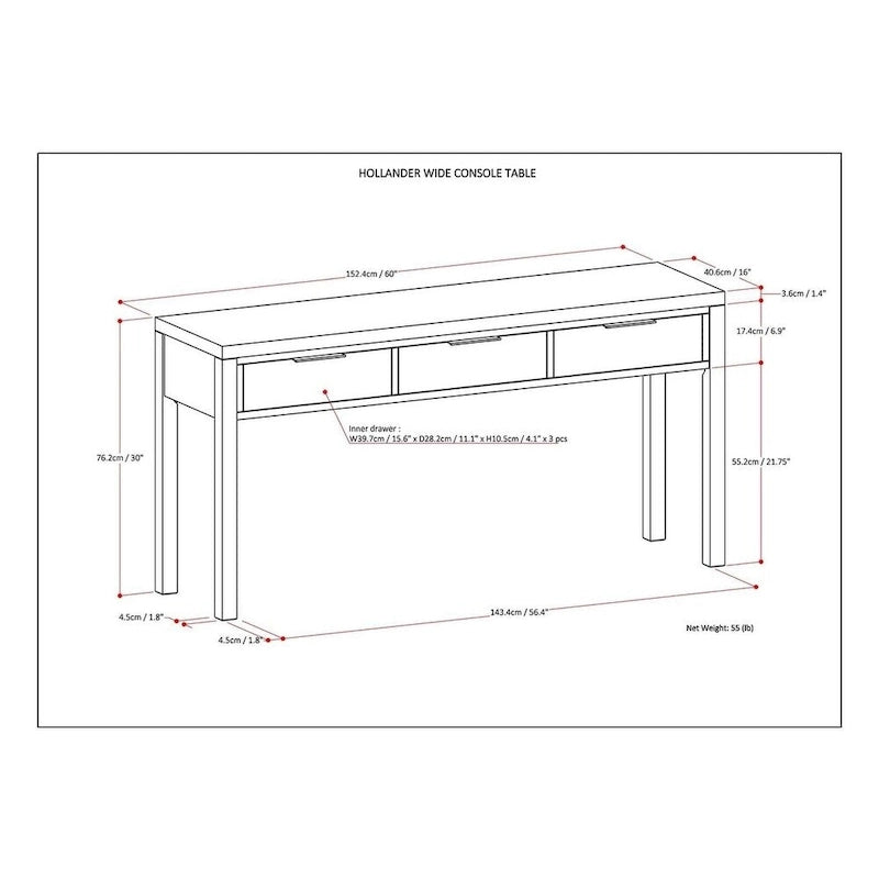 150 cm breed massiefhouten consoletafel in eigentijdse stijl met 3 laden, in warm walnootbruin