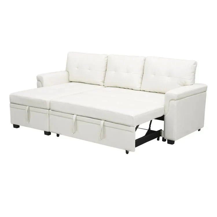 Umbaubares, beidseitig montierbares Ecksofa mit ausziehbarem Schlafbett, verstecktem Stauraum in der Recamiere und robusten Beinen