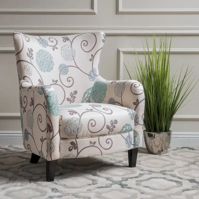 Moderne retro fauteuil met hoge rugleuning van 30.25 en houten poten voor de woonkamer