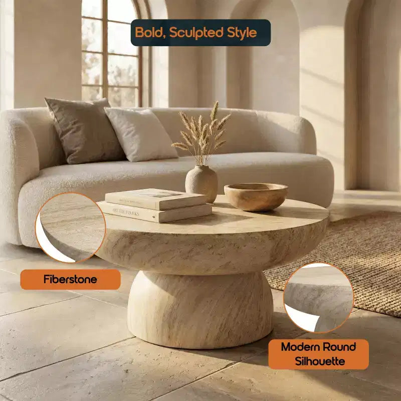LeisureMod Lunexa runder Couchtisch, Akzenttisch mit Sockel aus Fiberstone für drinnen und draußen, skulpturales Design mit rutschfesten Fußgleitern
