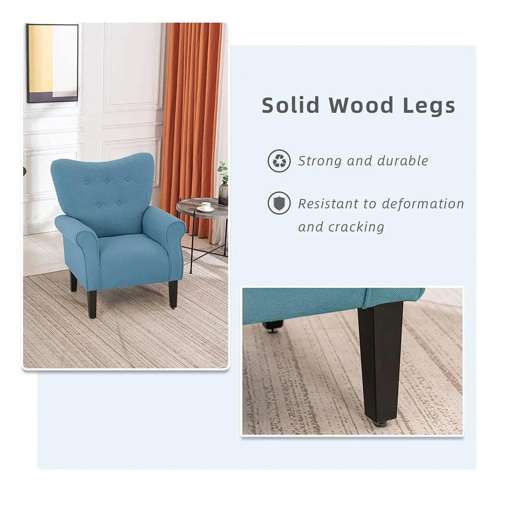 Erommy moderne fauteuil, fauteuil met hoge rugleuning, gestoffeerde eenzitsbank met knopen en houten poten voor de woonkamer