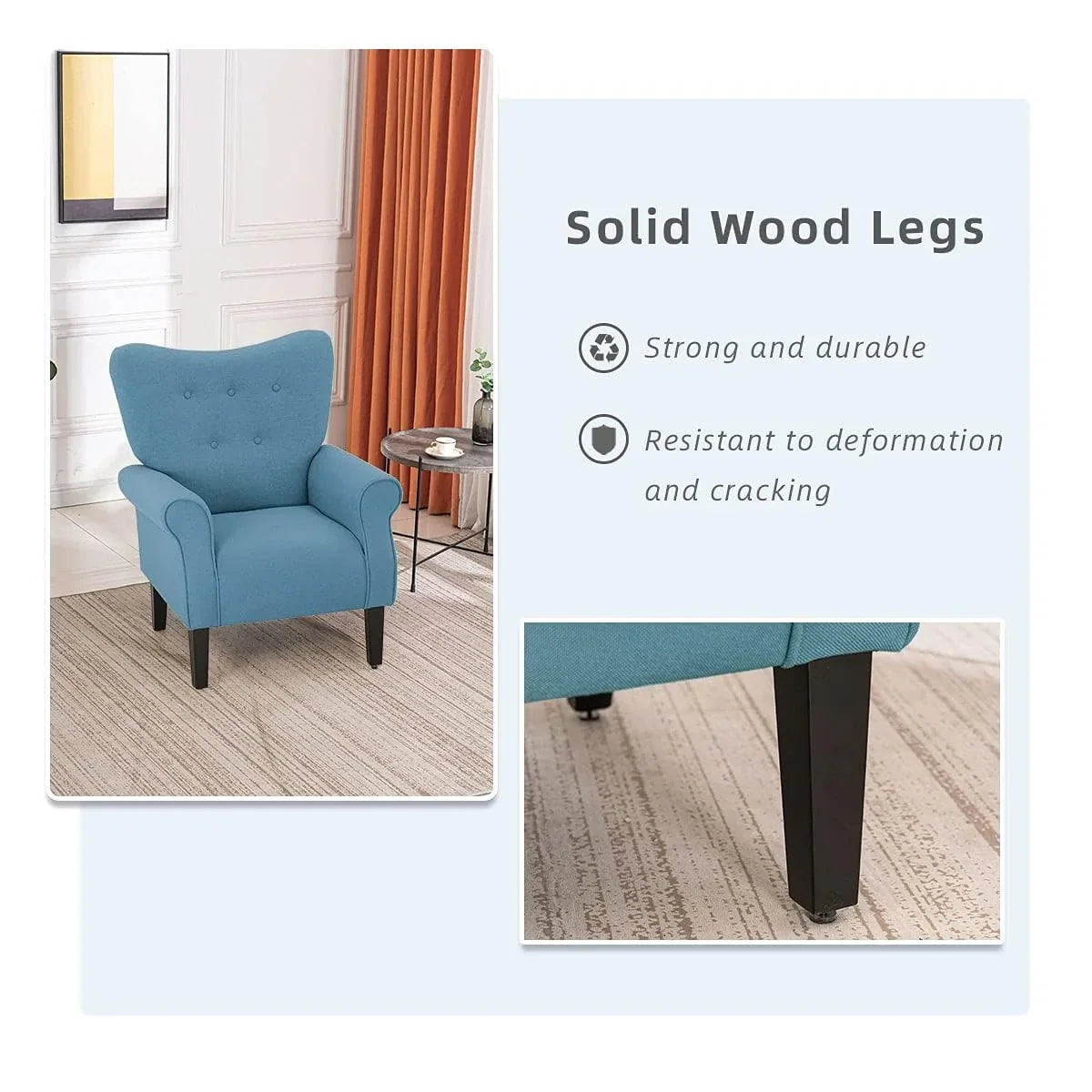 Erommy moderne fauteuil, fauteuil met hoge rugleuning, gestoffeerde eenzitsbank met knopen en houten poten voor de woonkamer