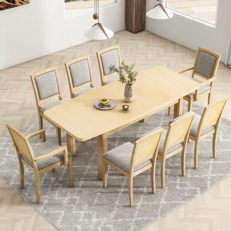 9-teiliges ausziehbares Esszimmer-Set mit 24inch Einlegeplatte, 6 gepolsterten Esszimmerstühlen ohne Armlehnen und 2 gepolsterten Armlehnstühlen