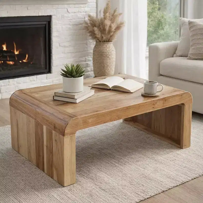 Couchtisch „Royal Hampton“ aus handgefertigtem, naturbelassenem Akazienholz mit rechteckiger, geschwungener Wasserfallkante, 36 Zoll