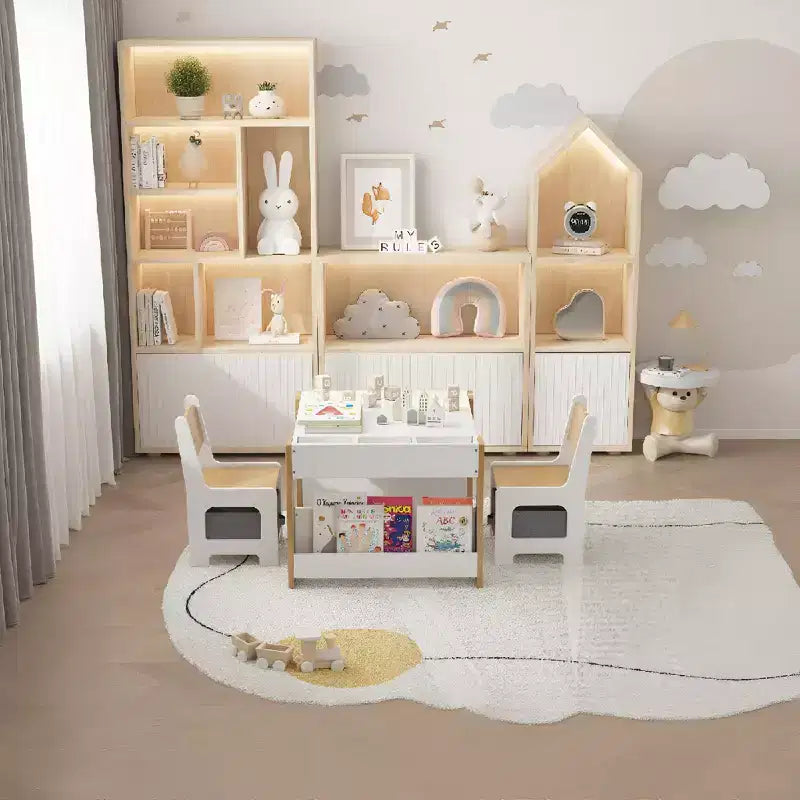 Activiteitentafelset 4-in-1 met afneembaar tafelblad, tafelset met laden en boekenkast, multifunctioneel peutermeubilair om te tekenen en lezen