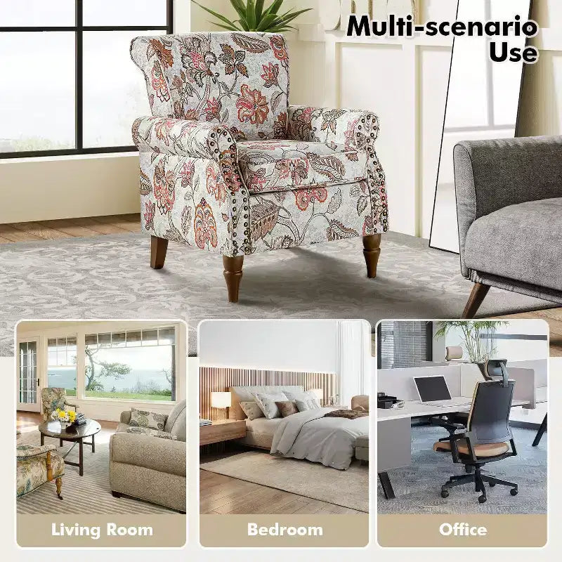 Araceli traditionele houten fauteuil met bloemenstof, hoge rugleuning met vleugels en siernagels| ART OF LIVING DESIGNS