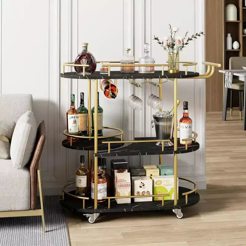 Desserte de bar avec étagères de rangement à 4 niveaux, chariot de bar mobile à roulettes avec porte-bouteilles et porte-verres pour la cuisine, la salle à manger et le salon