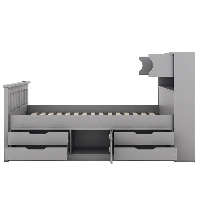 Letto a piattaforma Captain singolo/matrimoniale con 4 cassetti e ripiani contenitori, struttura in legno massello con testiera libreria contenitore