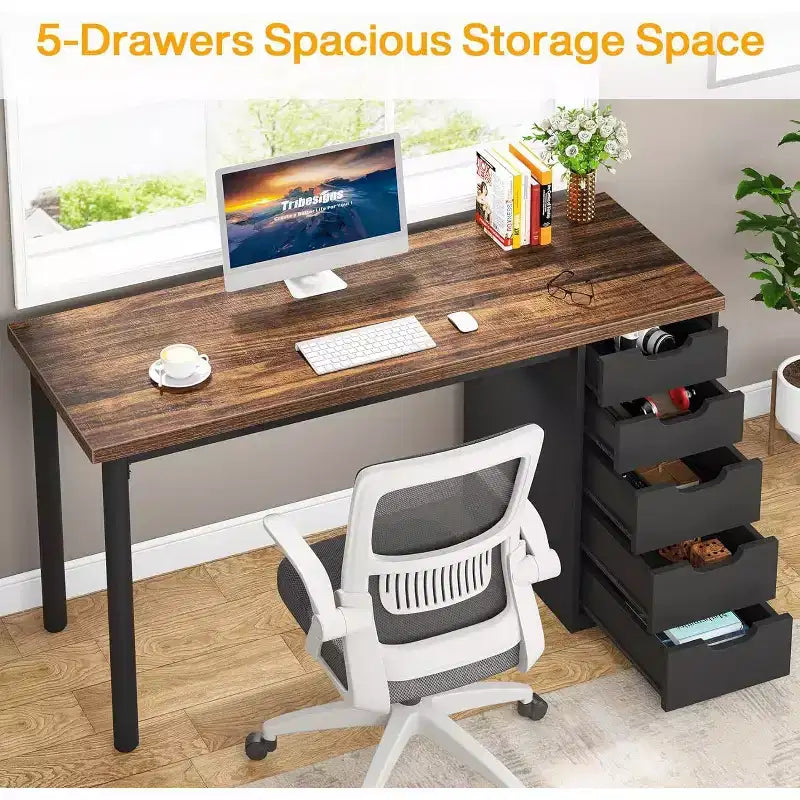 Bureau d’ordinateur Lantine avec 5 tiroirs, bureau moderne et sobre de 47 pouces pour le télétravail, les études et l’écriture, idéal pour les petits espaces