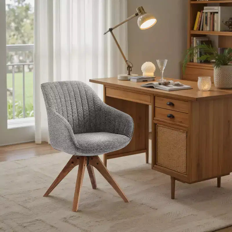 Art Leon comfortabele draaibare fauteuil van stof met poten van massief eikenhout