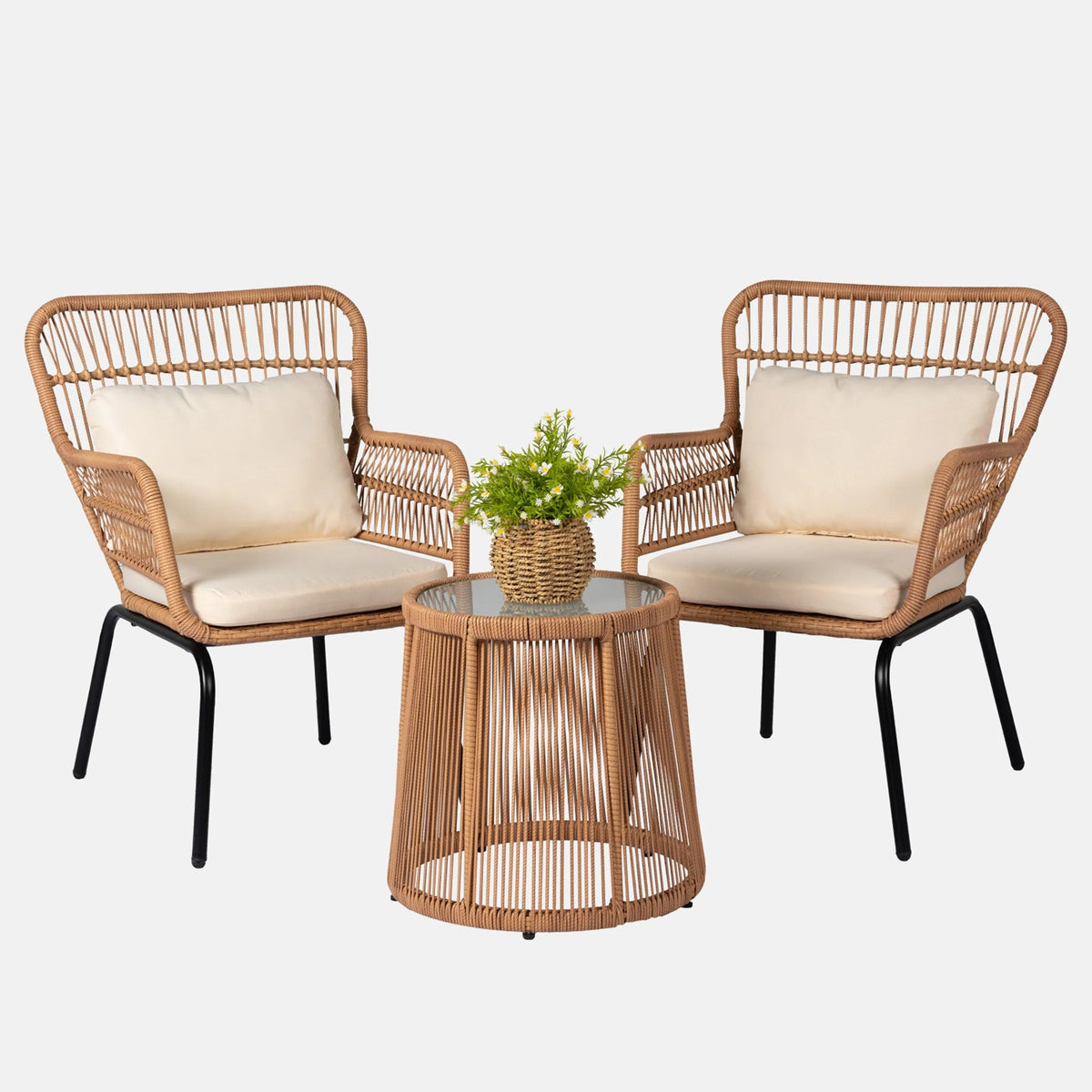 3-teiliges Outdoor-Bistroset aus Korbgeflecht, wetterfeste Rattan-Gartenmöbel mit Stühlen und Kissen