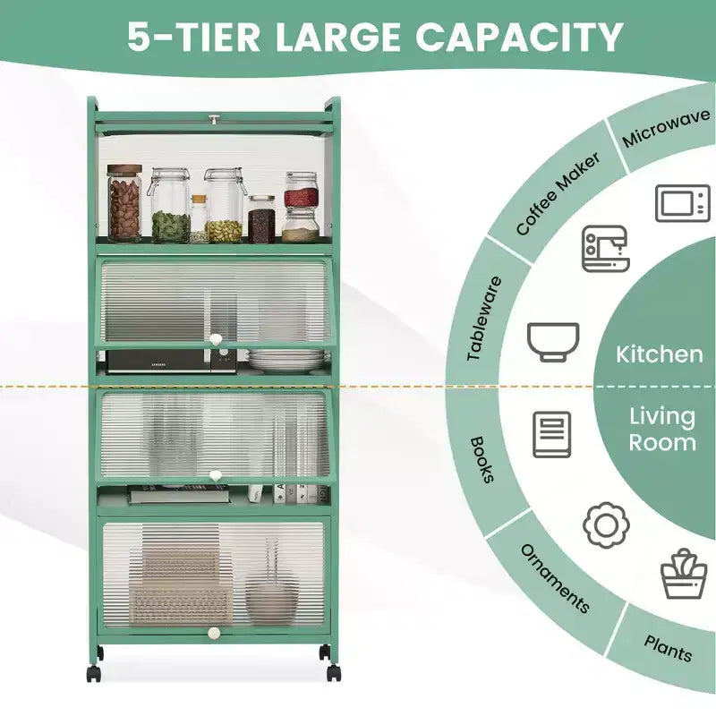 Étagère de cuisine Costway à 5 niveaux avec placard de rangement, support mobile pour micro-ondes et portes relevables, blanc/noir/gris/vert