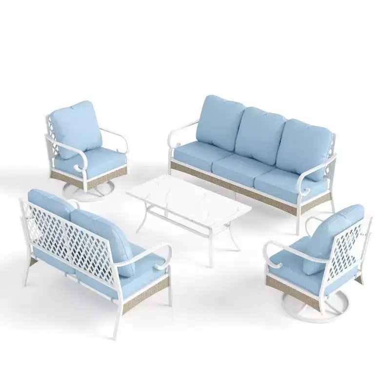 Captiva Designs 5-teiliges extra großes Outdoor-Lounge-Set aus Metall und Rattan mit Drehstühlen mit Gitterlehne und Zweisitzer