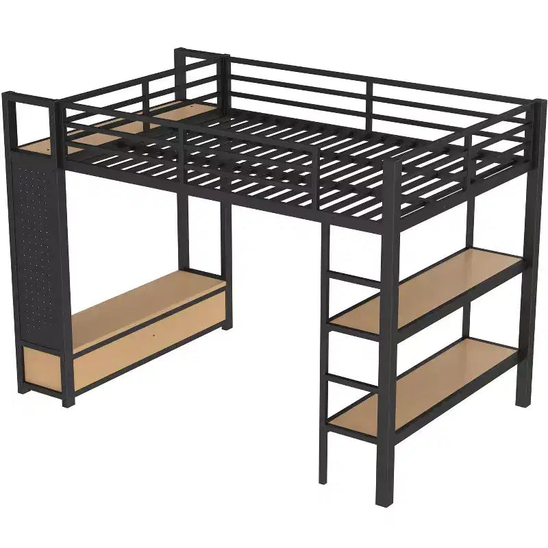 Metall-Hochbett für Full-/Queen-Size-Matratzen, Komplettset mit Kleiderschrank, Ablagefächern und Lochwand, Schwarz - ModernLuxe