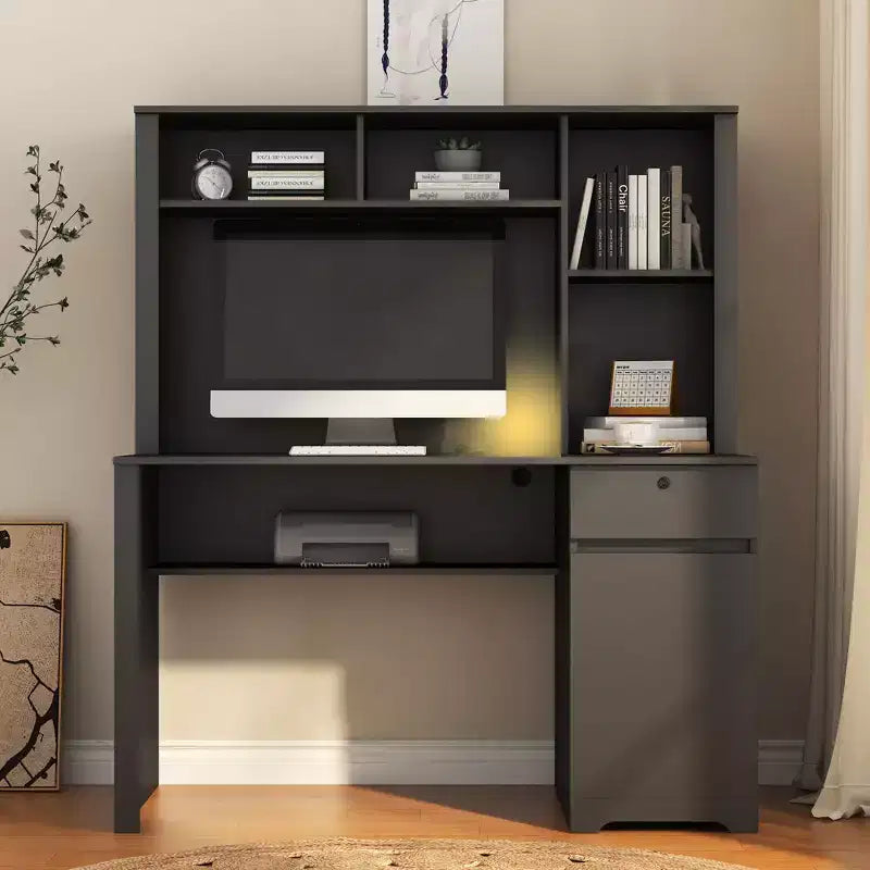Bureau d'ordinateur moderne de 51.18IN avec rehausseur et bibliothèque, bureau avec nombreux rangements, bureau d'écriture pour le travail et la lecture