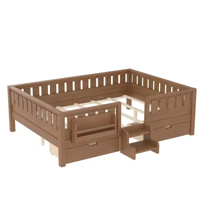 Lit pour enfant Bellemave format queen avec 14 barrières de sécurité, cadre de lit compact avec bibliothèque intégrée et 2 tiroirs de rangement sous le lit