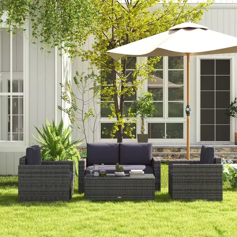 4-teiliges Rattan-Sofaset, Patio-Sofaset aus Korbgeflecht mit Zweisitzersofa, Sesseln und Couchtisch mit Glasplatte für den Garten und Außenbereich