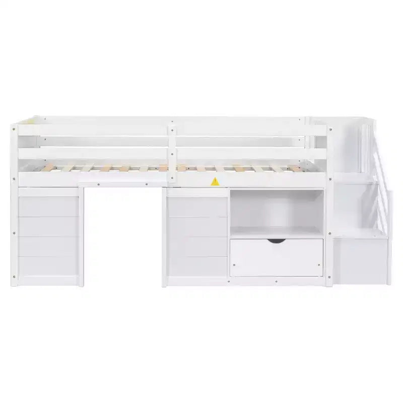 94.6L x 42.3W niedriges Hochbett aus Massivholz in Einzelgröße mit Treppe, Schublade und Regal, modernes und schlichtes Design