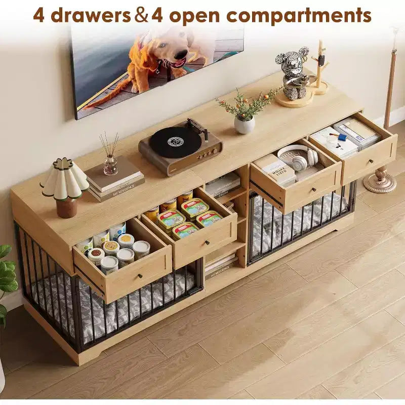 Meuble double cage pour chiens 82, grand chenil d’intérieur pour 2 chiens, cage en bois robuste faisant office de meuble TV avec 4 tiroirs et des étagères