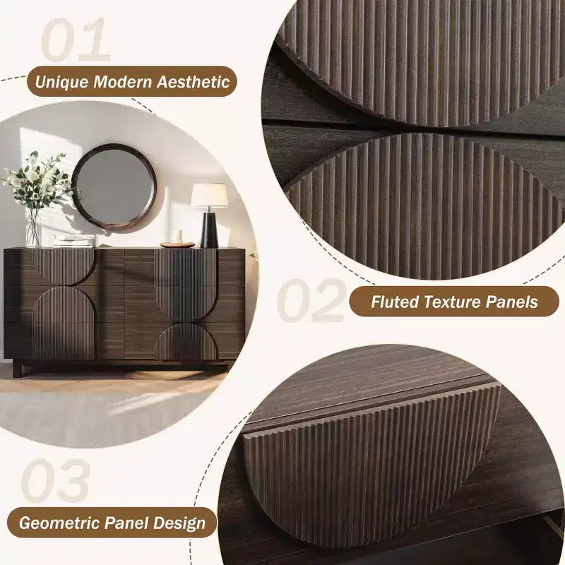 Moderne geometrische Kommode mit 6 Schubladen, breiter Stauraumschrank mit Halbkreismuster für Schlafzimmer und Wohnzimmer