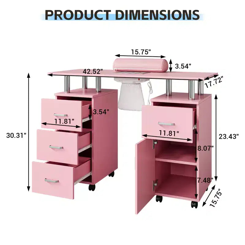 Table de manucure avec aspirateur à poussière, roulettes verrouillables, coussin pour poignet et rangements, pour la maison, les prothésistes ongulaires et les salons de beauté