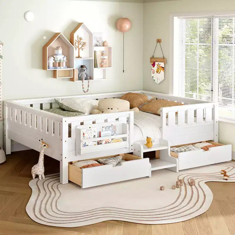Bellemave Kinderbett in Queen-Size mit 14 Sicherheitsgittern, platzsparender Bettrahmen mit integrierten Bücherregalen und 2 Schubladen unter dem Bett