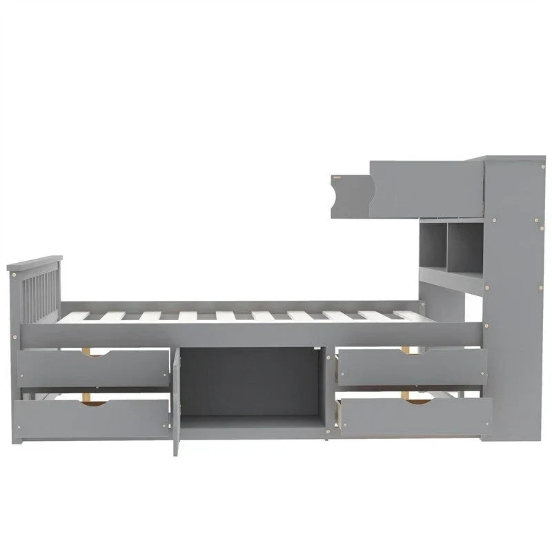 Letto a piattaforma Captain singolo/matrimoniale con 4 cassetti e ripiani contenitori, struttura in legno massello con testiera libreria contenitore