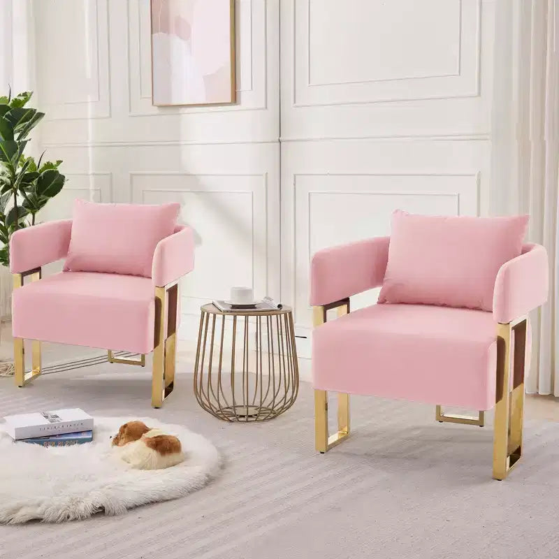 Set van 2 moderne gestoffeerde fauteuils met gouden metalen poten voor woonkamer, slaapkamer of kantoor