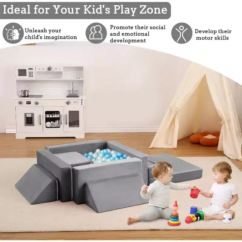 Kletter-Sofa für drinnen, 12-teiliges modulares Spielsofa mit quadratischem Bällebad und Kletterrampe, Spielset mit Polstern