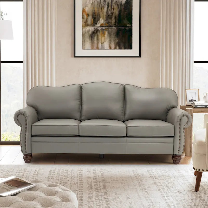 Balvino Sofa mit 81 cm Breite, im Übergangsstil, aus echtem Leder, mit gerollten Armlehnen, Nagelkopfbesatz und abnehmbaren Kissen