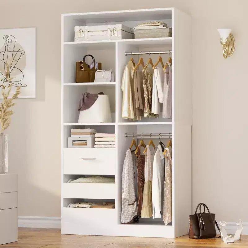 Kleiderschrank-Organizer mit Holzschubladen, freistehendes Schranksystem mit Kleiderstangen