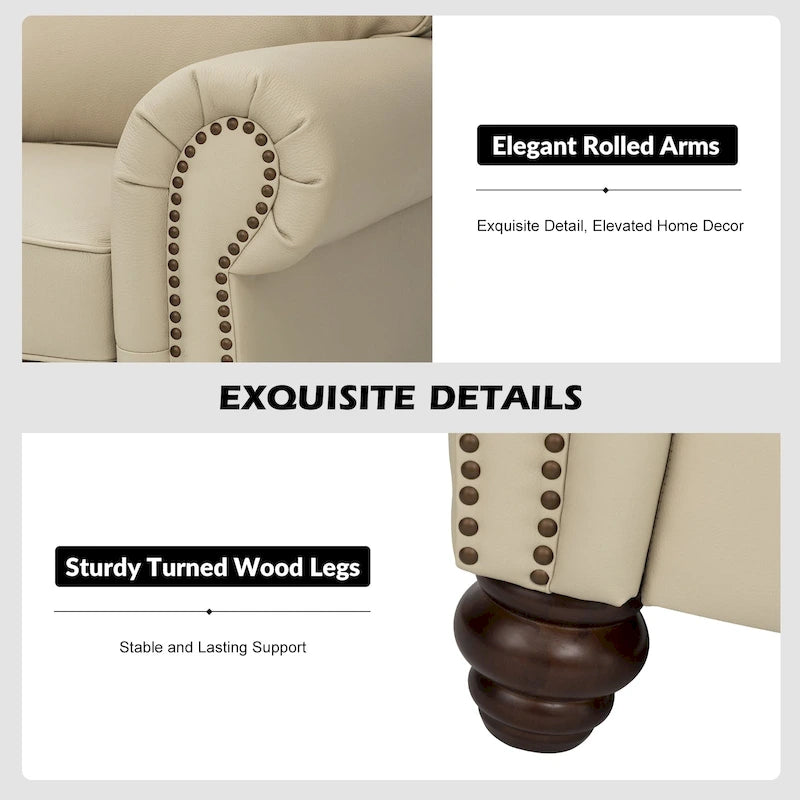 Balvino Sofa mit 81 cm Breite, im Übergangsstil, aus echtem Leder, mit gerollten Armlehnen, Nagelkopfbesatz und abnehmbaren Kissen