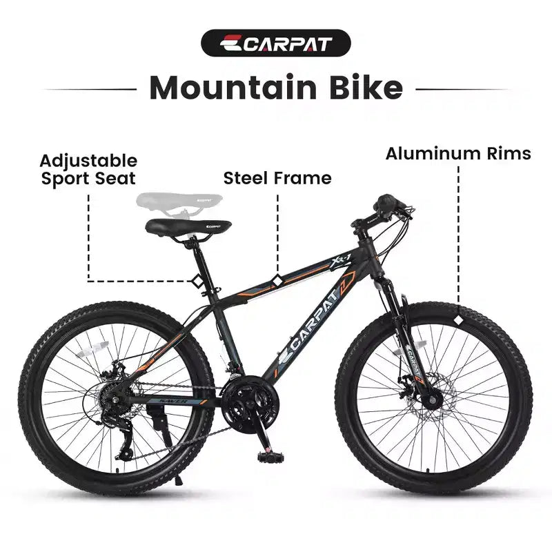 Okak mountainbike van 24 inch met stalen frame, kinderfiets met Shimano 21 versnellingen, dubbele schijfremmen en vering vooraan, fiets voor tieners