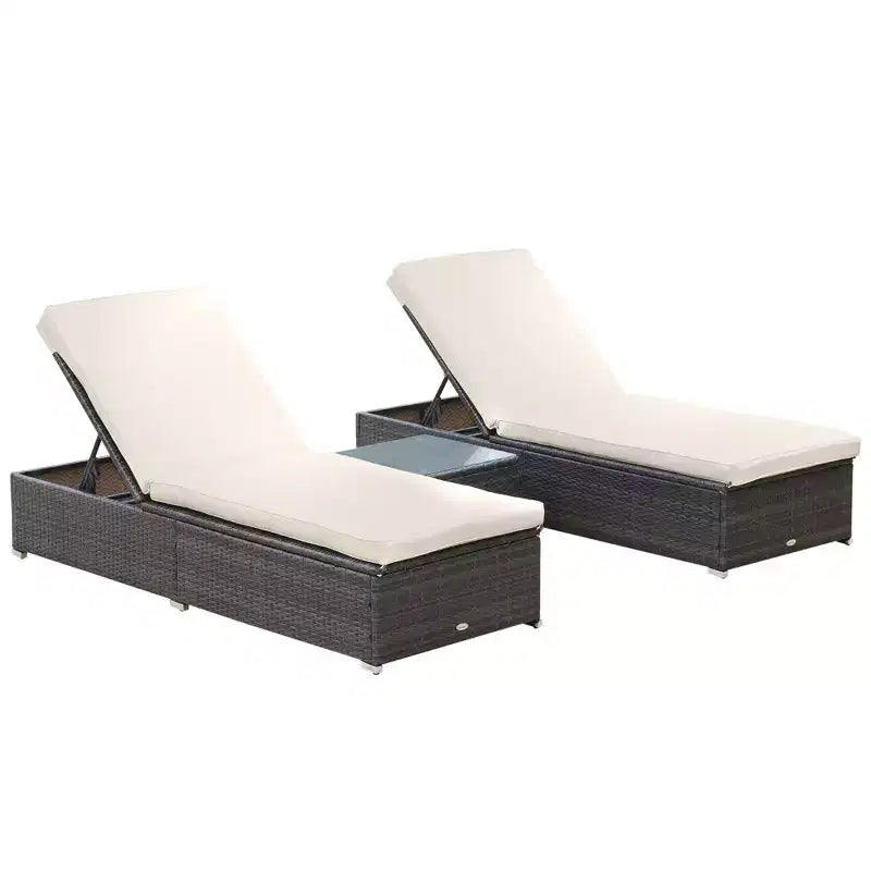 Set van 2 ligstoelen met rugleuning in 5 standen, buitensalontafel, waterafstotende kussens, ligstoelen van PE-rattan voor bij het zwembad