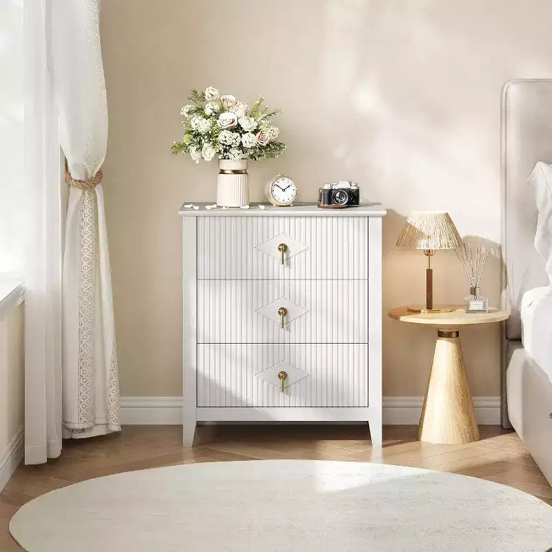 Lot de 2 tables de chevet en bois cannelé, commode de 27.5 de large à 3 tiroirs, tables de chevet modernes, commode pour chambre ou salon