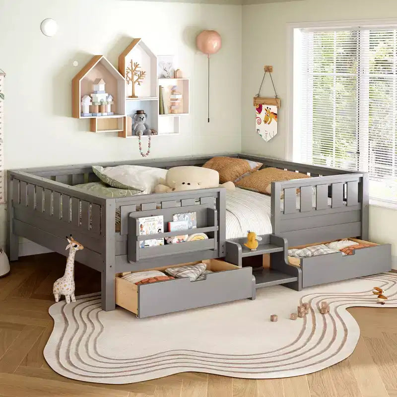 Bellemave Kinderbett in Queen-Size mit 14 Sicherheitsgittern, platzsparender Bettrahmen mit integrierten Bücherregalen und 2 Schubladen unter dem Bett