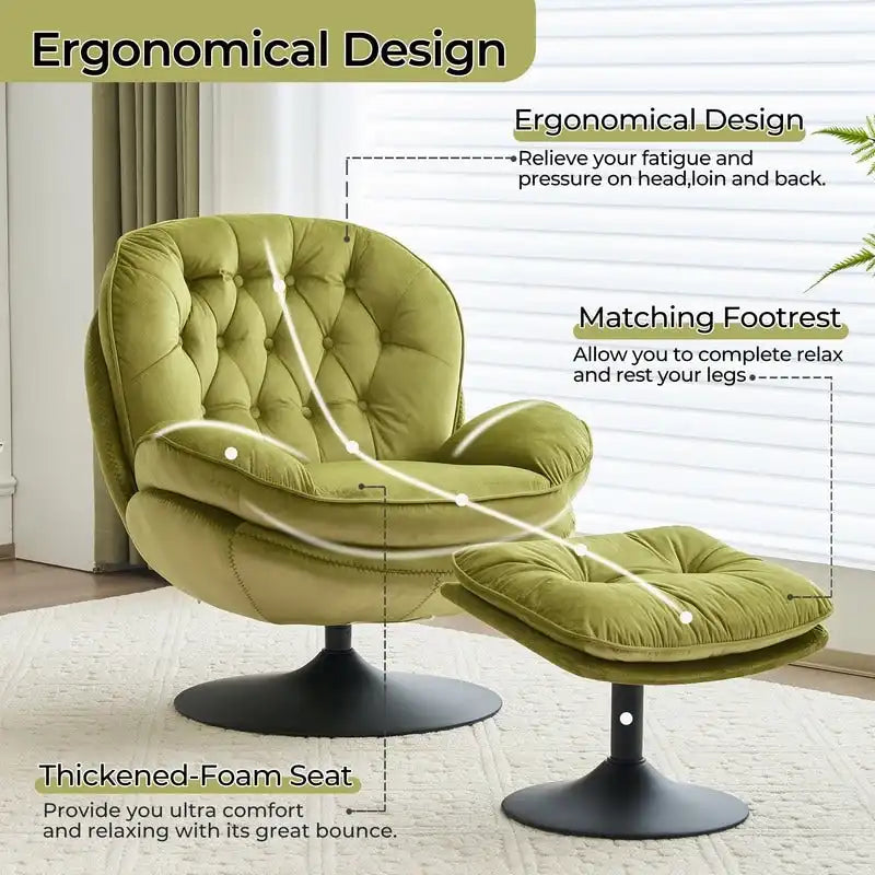 Fluwelen draaifauteuil met voetenbank, ronde leesfauteuil met voetenbankset, 360 draaibaar, metalen frame