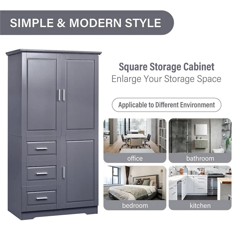 Armoire de rangement haute et large avec portes pour salle de bains, trois tiroirs