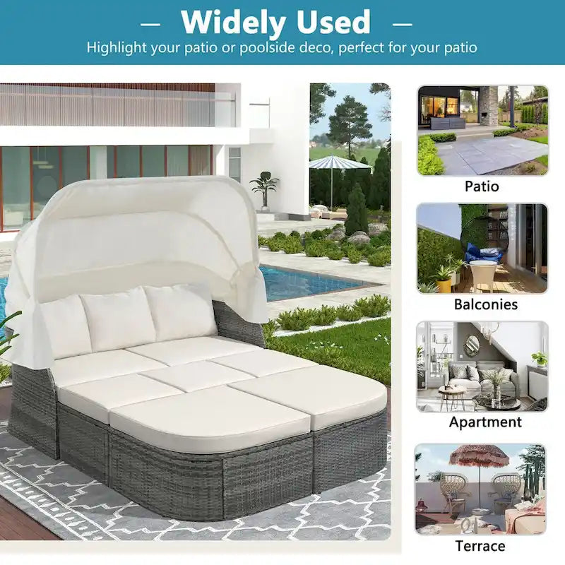 Graues Outdoor-Daybed aus Rattan mit Kissen und ausziehbarem Sonnendach