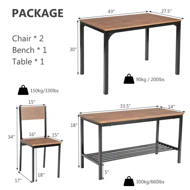 Costway eettafelset met 4 delen, rustieke tafel, 2 stoelen en bank met opbergrek